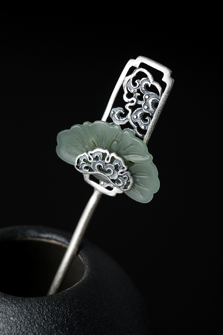 银迷s925银和田玉扇形镂空发簪