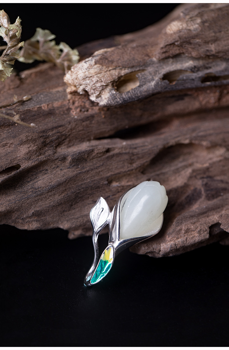 银迷s925银和田玉马蹄莲吊坠