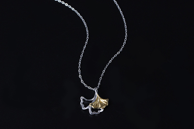 银迷s925银分色银杏叶项链