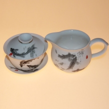 福建德化瓷器·8头珍珠釉鱼盖碗·瓷·茶套组