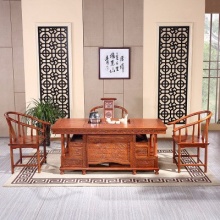 中式功夫茶几桌 全实木茶桌椅组合将军台 1桌1围椅4牛角椅