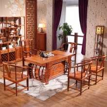中式茶几桌全实木茶桌椅组合 吉祥如意 1桌1围椅4牛角椅