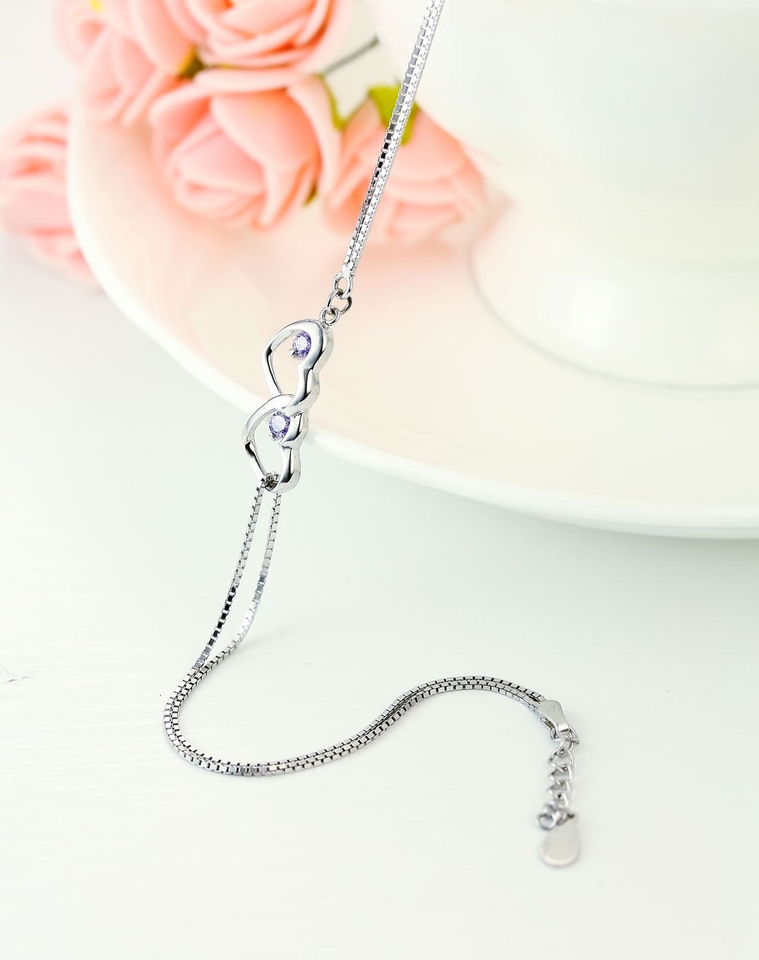 壹家s925银紫钻双心脚链